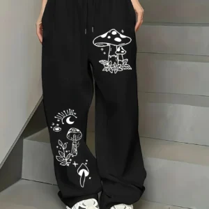 Women's Plus-size Street Style Casual Sweatpants Personalization Print Autumn and Winter Fleece Loose Fit Streetwear Oversized