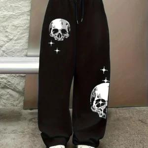 Women's Autumn and Winter Plus-size Skull Pattern Loose Straight Fleece Leg Sweatpants Trendy Streetwear Stylish Versatile