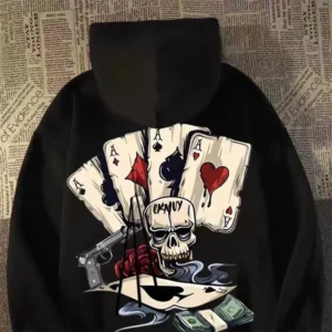 【M-8XL Hoodies】Autumn Men Pullover Hoodie Oversized Sweatshirt Fashion Loose Skeleton Poker Print Long Sleeve Couple Clothes